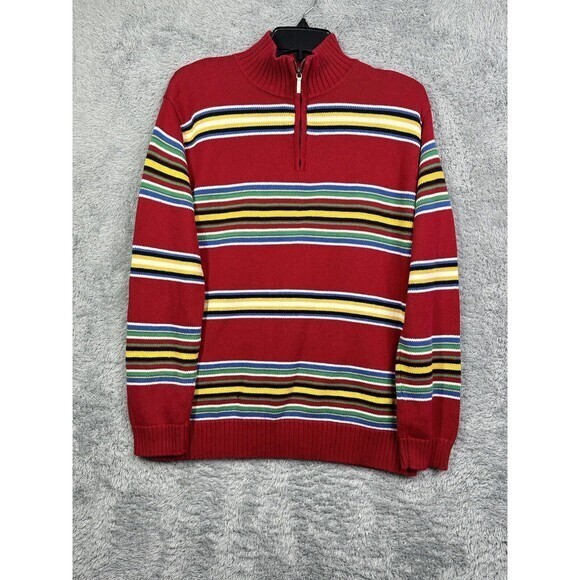 Lauren Ralph Lauren 1/4 Zip Mens Small Red Stripe Sweater - Picture 1 of 7